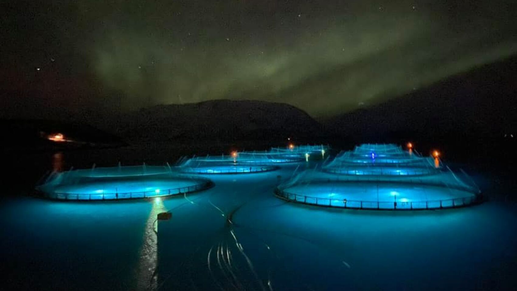 Sjølokaliteten Store Lerresfjord, om kvelden, med lys i merdene og nordlys i bakgrunnen