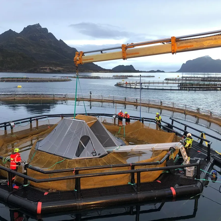 Sensorhouse being installed in one of the net pens at the sea site
